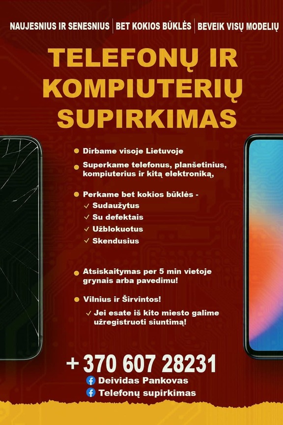 Telefonų ir kompiuterių supirkimas Širvintos, Vilnius