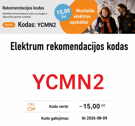 Elektrum nuolaidos kodas pirmai sąskaitai -15 eur: YCMN2