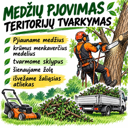 Medžių pjovimas, teritorijų tvarkymas,