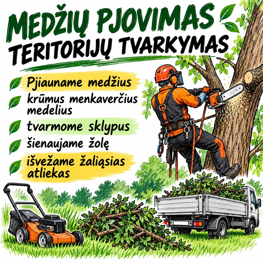 Medžių pjovimas, teritorijų tvarkymas,