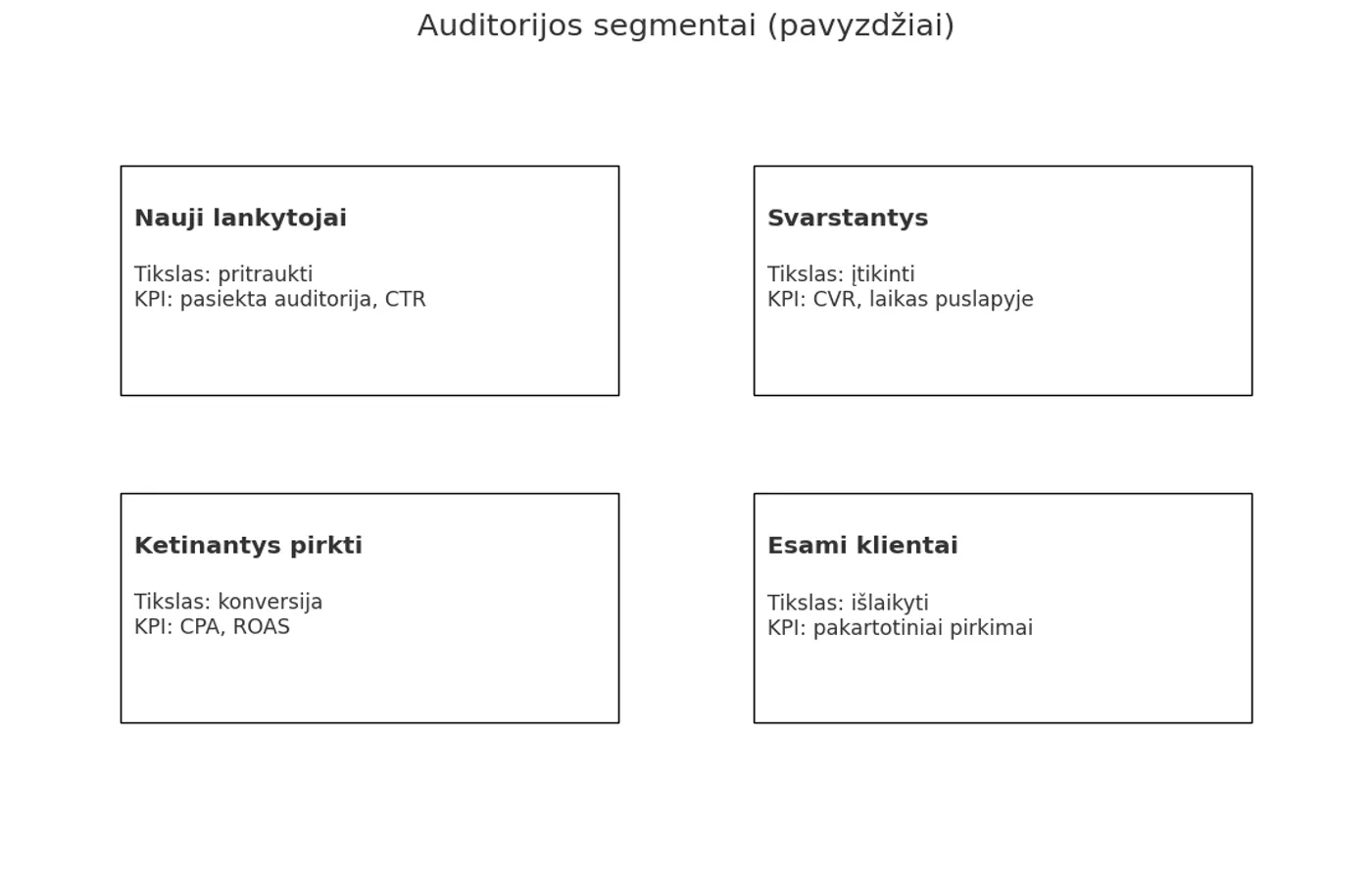 Schema: auditorijos segmentai su pavyzdžiais (nauji, svarstantys, ketinantys pirkti, esami klientai) ir jų KPI.
