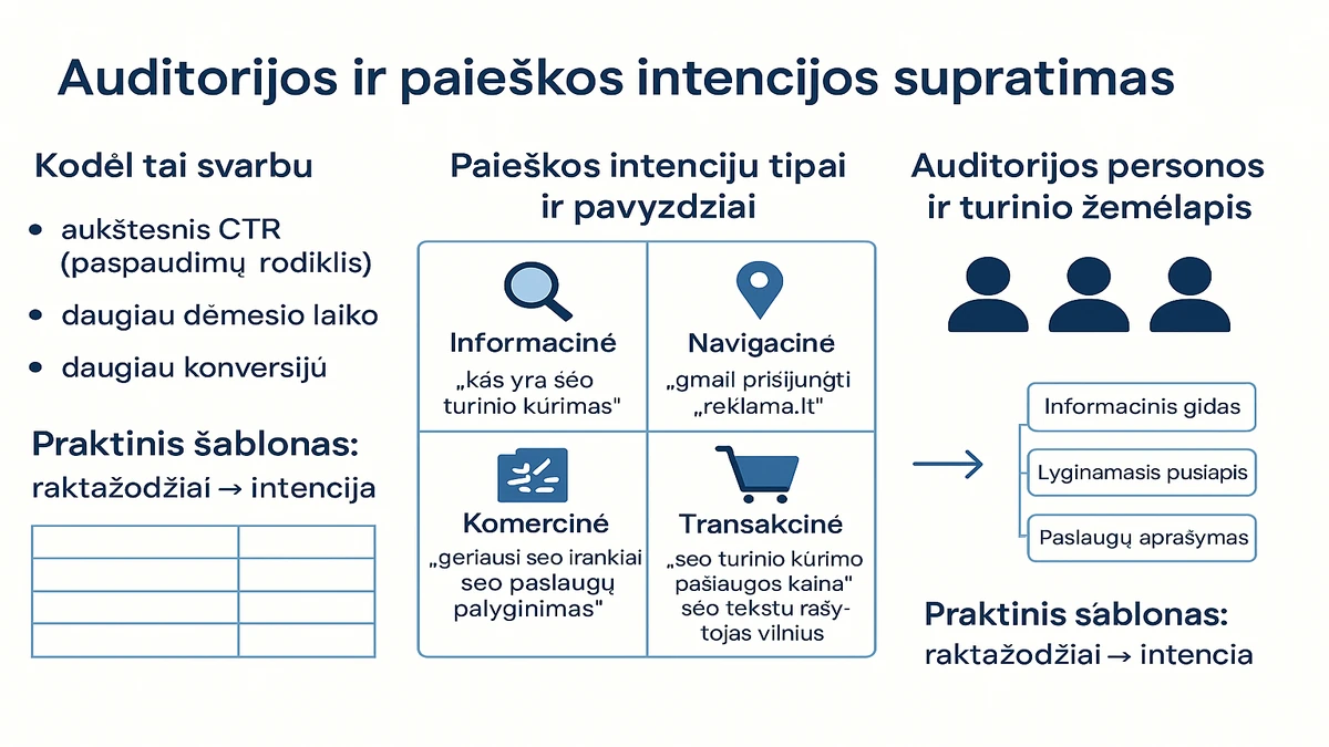 Auditorijos ir paieškos intencijos supratimas: 4 tipai (informacinė, navigacinė, komercinė, transakcinė), pavyzdžiai ir šablonas raktažodžiams priskirti intenciją.