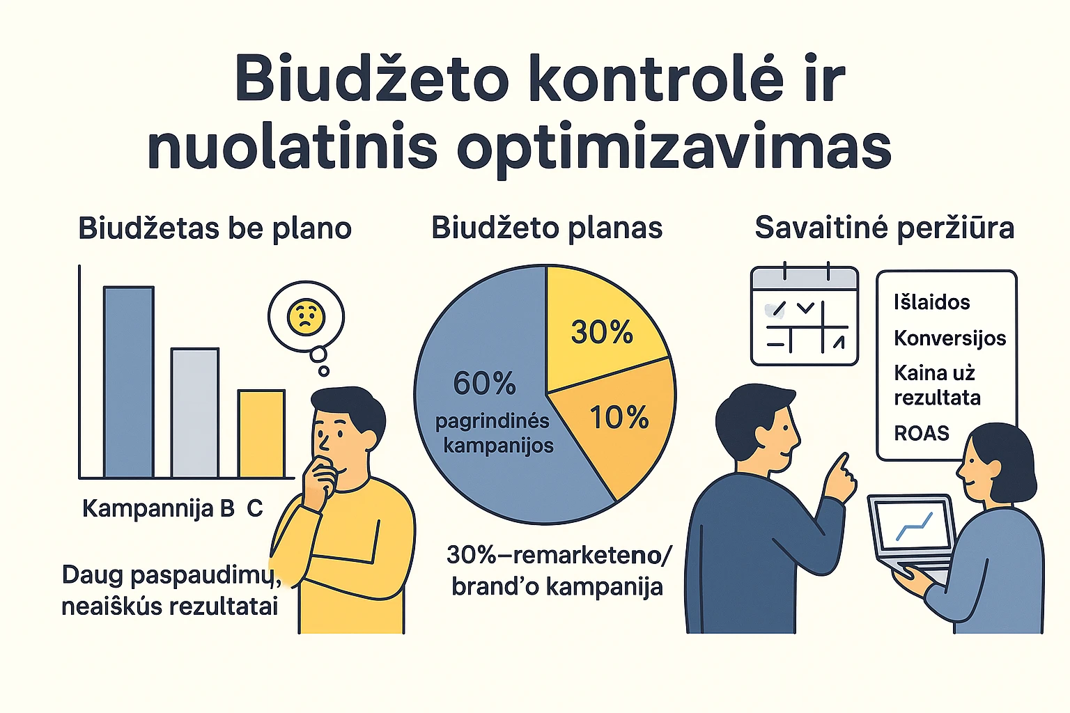 SEM biudžeto kontrolės vizualas: netolygus biudžeto paskirstymas virsta 60/30/10 plano lentele ir savaitiniu rezultatų peržiūros grafiku.