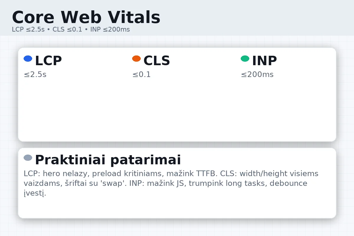 Core Web Vitals santrauka: LCP ≤2,5 s, CLS ≤0,1, INP ≤200 ms — su praktiniais patarimais