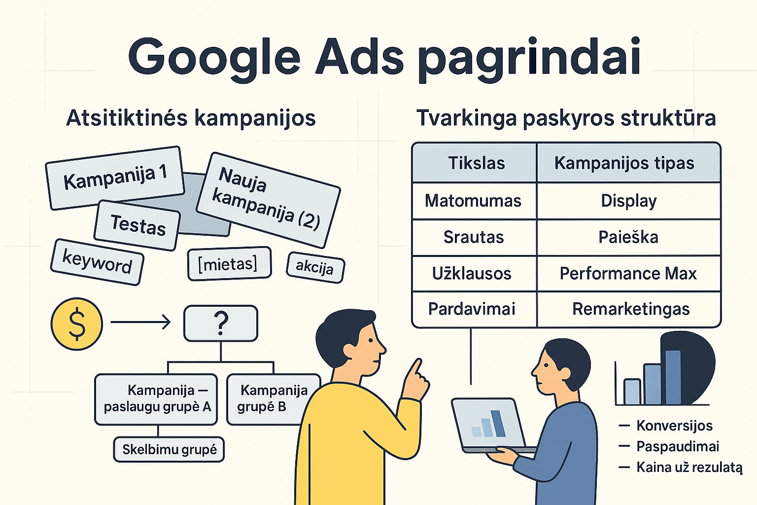Google Ads pagrindų vizualas, kuriame chaotiškos atsitiktinės kampanijos virsta aiškia paskyros struktūra, susieta su verslo tikslais ir pagrindiniais rodikliais