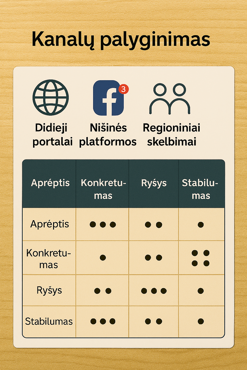 Skelbimų kanalų palyginimas: didieji portalai, nišinės platformos, regioniniai skelbimai, socialinės grupės – aprėptis, konkretumas, ryšys, stabilumas