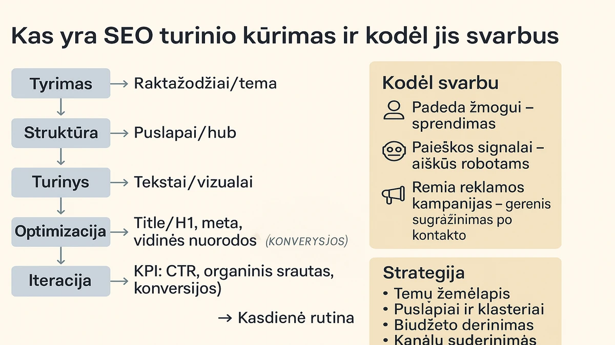 Kas yra SEO turinio kūrimas: nuoseklus procesas nuo tyrimo ir struktūros iki optimizacijos ir iteracijų; kodėl svarbu – padeda žmogui, aiškūs signalai paieškai, remia reklamos kampanijas.