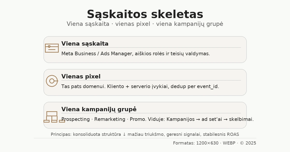 „Meta Ads sąskaitos struktūra: viena sąskaita, vienas pixel, viena kampanijų grupė