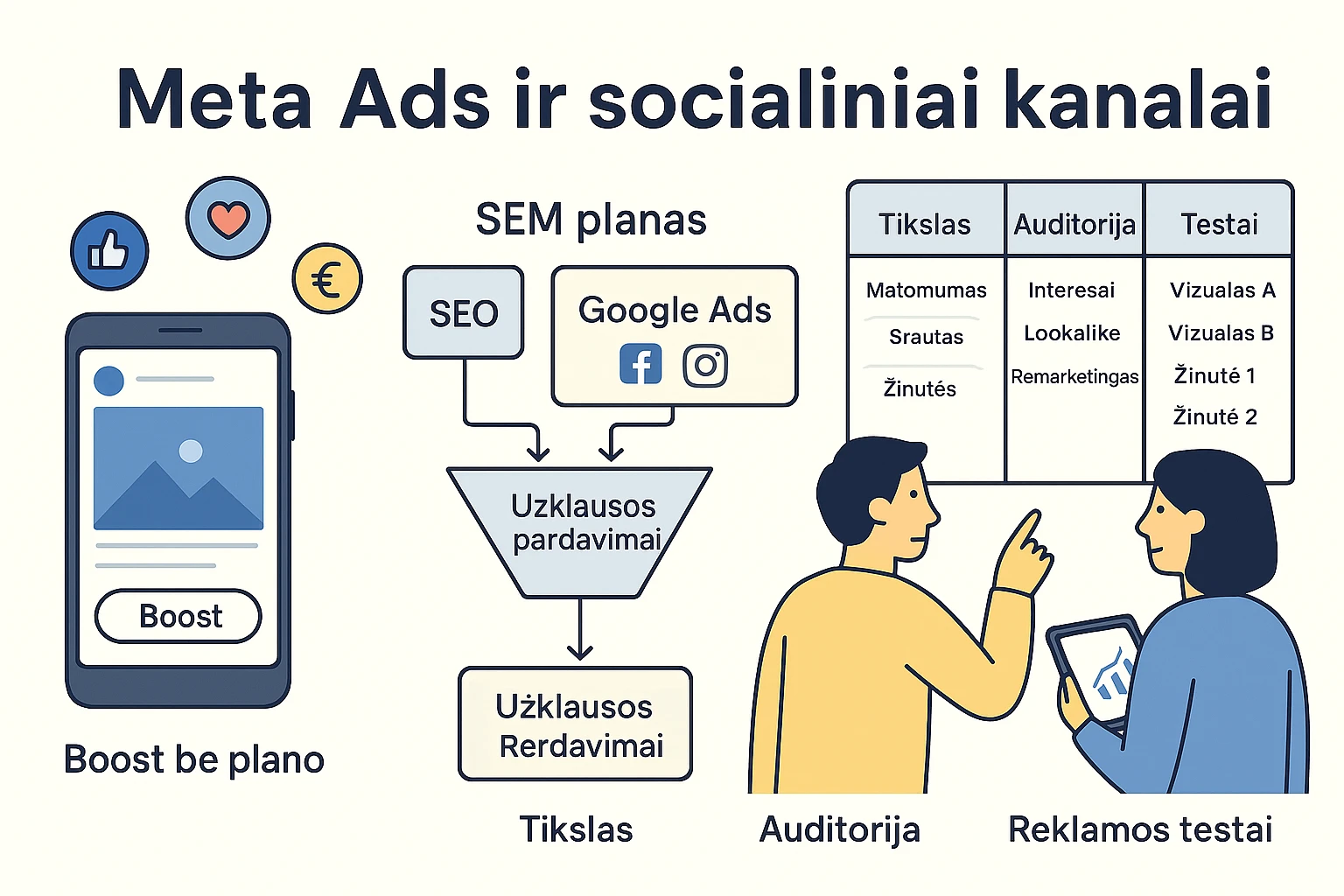 Meta Ads ir kitų socialinių kanalų vizualas, kuriame „boost“ mygtuko chaosas virsta aiškia kampanijų struktūra su tikslais, auditorijomis ir SEM planu.