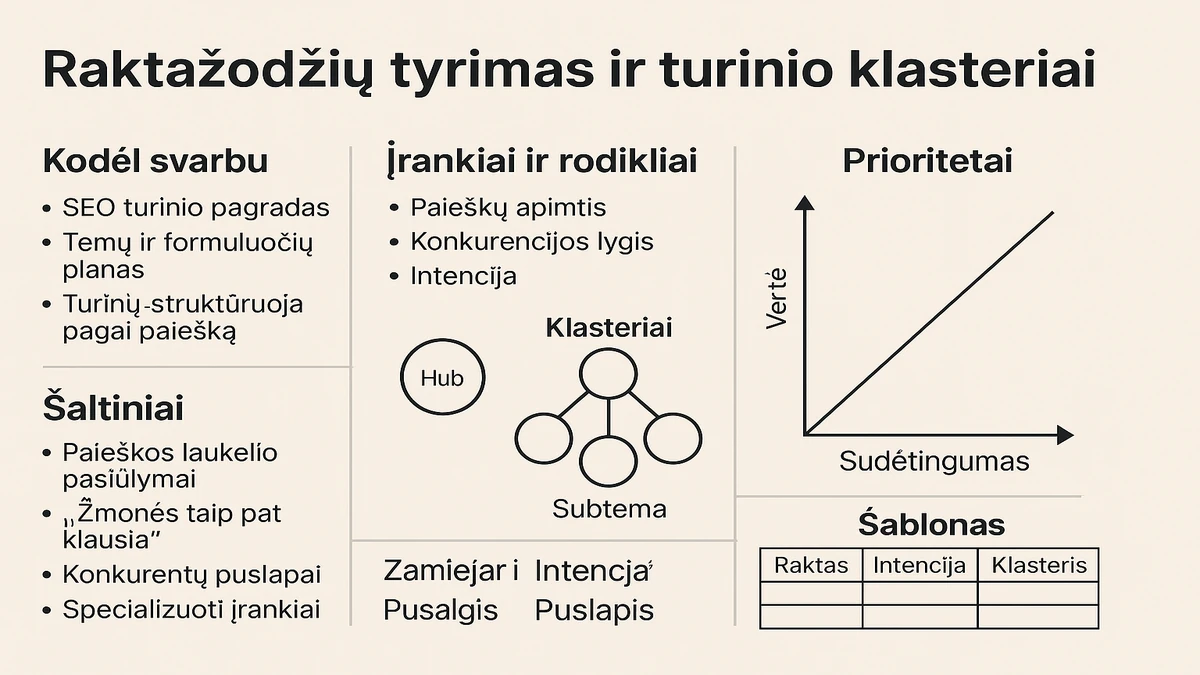 Raktažodžių tyrimas ir turinio klasteriai: kodėl svarbu, šaltiniai, įrankiai ir rodikliai, klasterių schema, prioritetų matrica ir raktažodžių–intencijos šablonas.