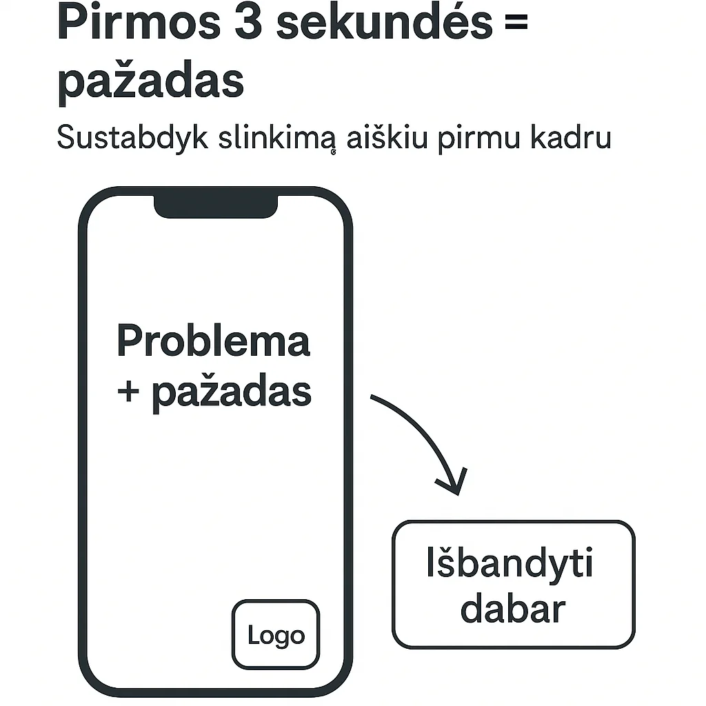 Reklaminio vaizdo įrašo pirmas kadras – pažadas ekrane ir logotipas