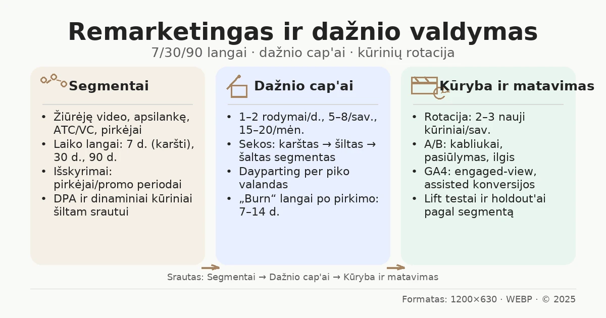 Remarketingas ir dažnio valdymas – segmentai, dažnio cap’ai ir kūrybos rotacija (3 kortelės)