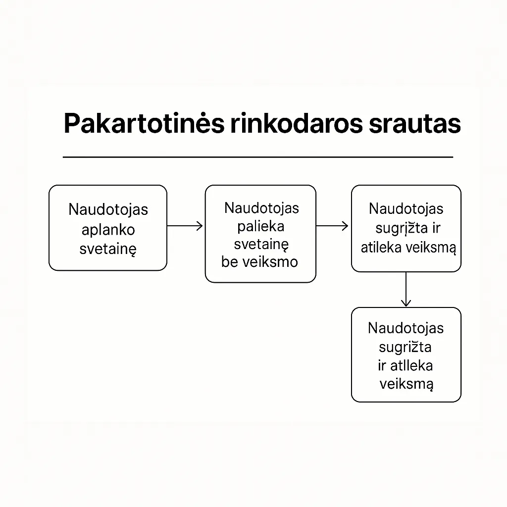 Remarketingo srautas: peržiūrėję ≥50 %, palikę krepšelį, pakartotinis pirkimas