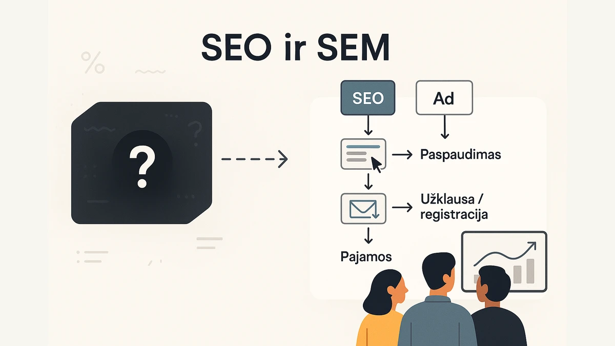 SEO ir SEM mokymų vizualas, kuriame „juoda dėžė“ virsta aiškia reklamos sistema nuo paieškos iki užklausų ir pajamų.