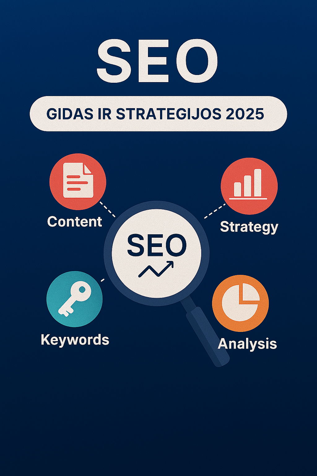 SEO gidas ir strategijos 2025 – iliustracija su didinamuoju stiklu, raktažodžių, turinio, analizės ir strategijos ikonų vizualizacija.