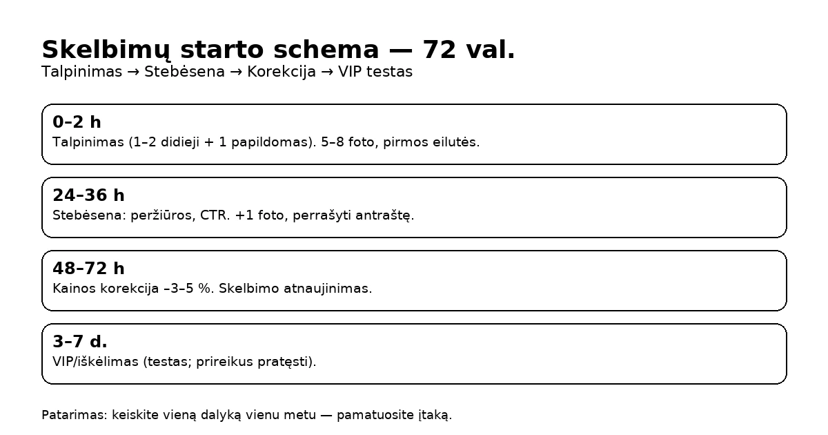 Skelbimų starto schema per 72 val.: talpinimas, stebėsena, korekcija, VIP testas — atskiros kortelės.