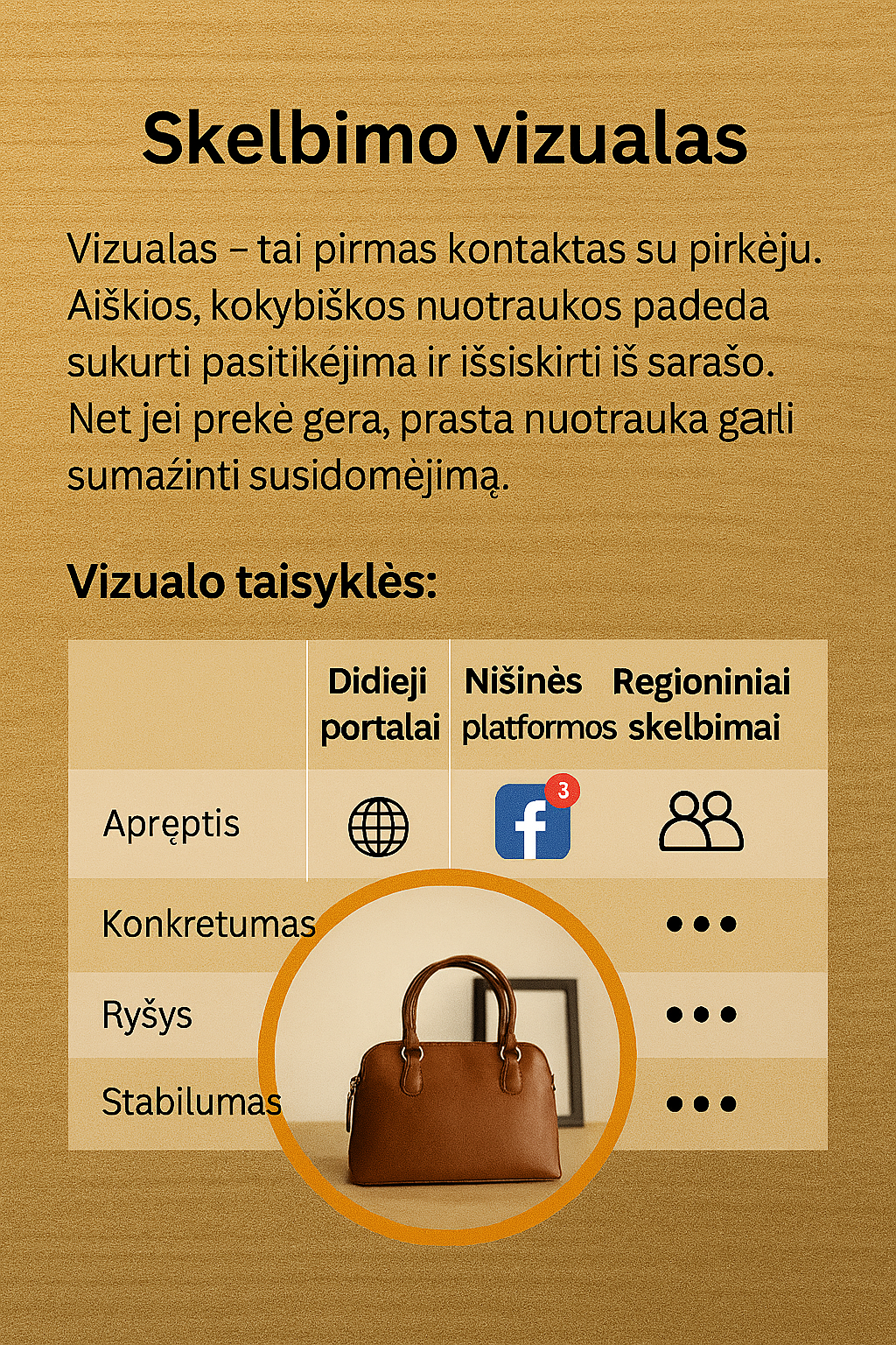 Skelbimo vizualas: aiškus kadras, neutralus fonas, realus daikto vaizdas be filtrų, parodyti defektai ir dokumentai
