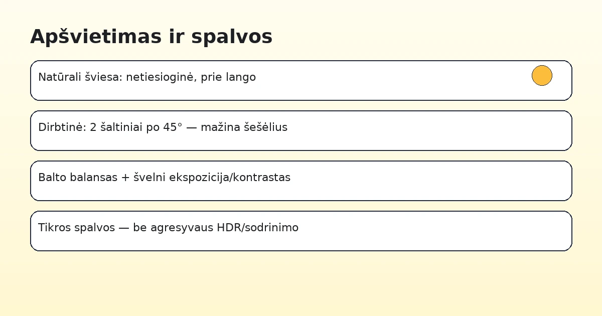 Apšvietimas ir spalvos: natūrali šviesa, dvi šviesos po 45°, balto balansas