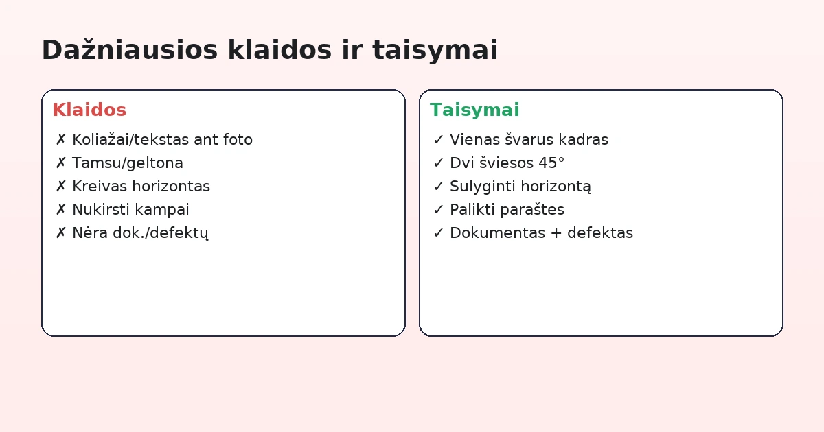 Dažniausios klaidos ir taisymai: koliažai, prastas apšvietimas, kreivas horizontas, nukirsti kampai