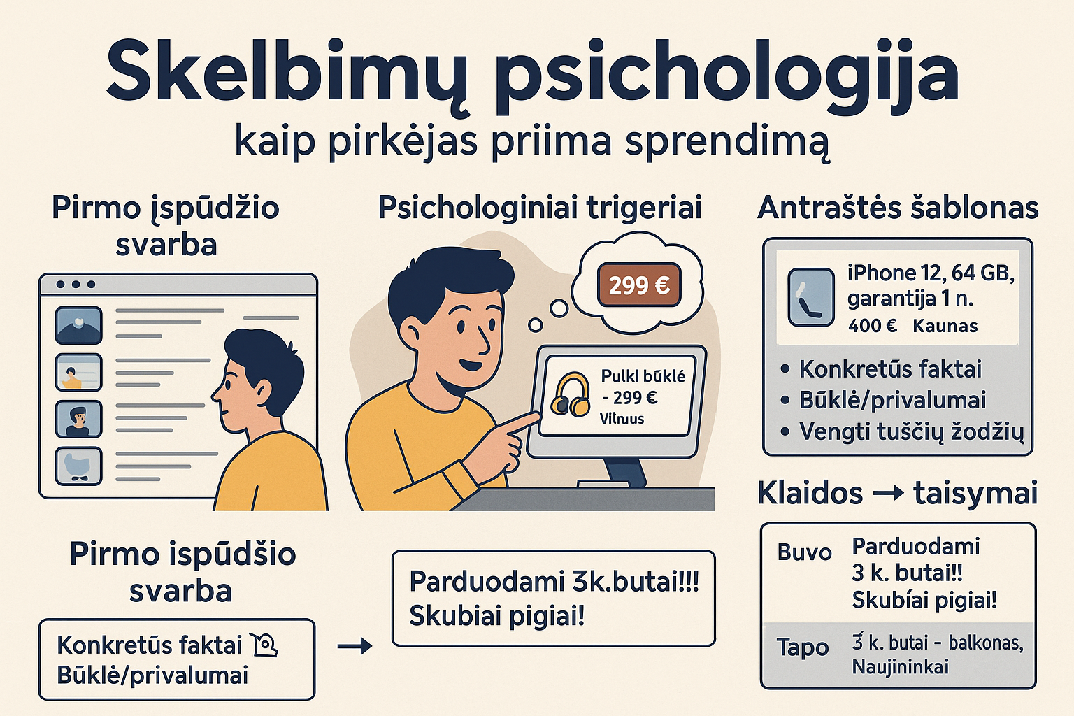 Skelbimų psichologija – kaip pirkėjas priima sprendimą per kelias sekundes: pirmoji nuotrauka, pavadinimas, kaina ir pasitikėjimo signalai
