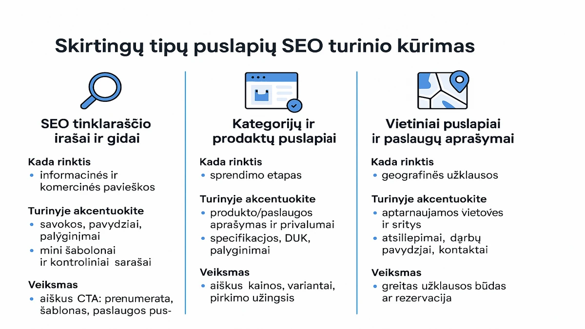 Skirtingų tipų puslapių SEO turinio kūrimas: tinklaraščio įrašai/gidai, kategorijų ir produktų puslapiai, vietiniai puslapiai – kada rinktis, ką akcentuoti ir koks veiksmas/CTA.