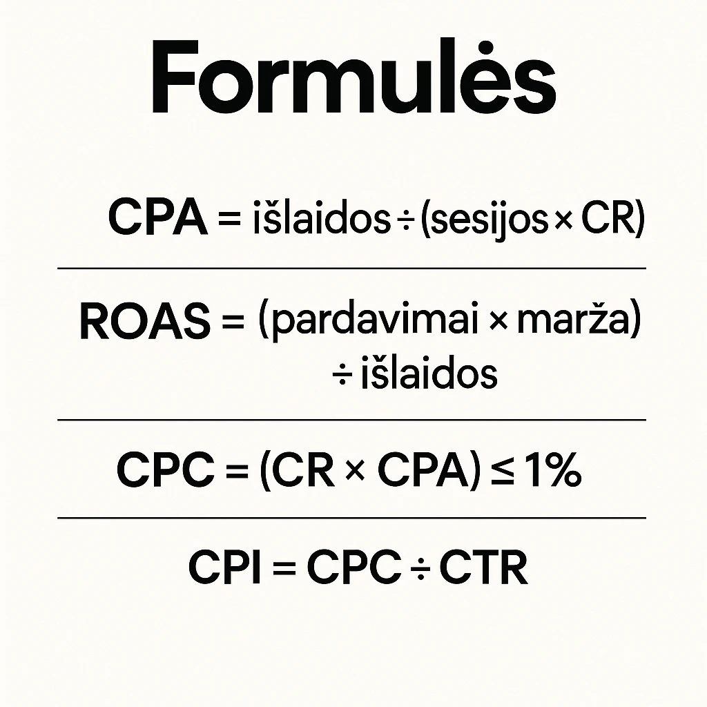 KPI formulės (CTR, CPC, CPA, ROAS)