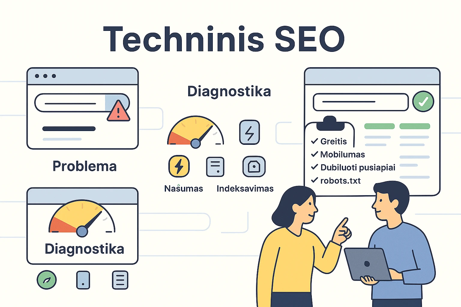 Techninio SEO vizualas, kuriame lėta ir nepatogi svetaine virsta sutvarkyta, greita ir tinkamai indeksuota, padedant kontroliniam sąrašui ir SEO įrankiams.