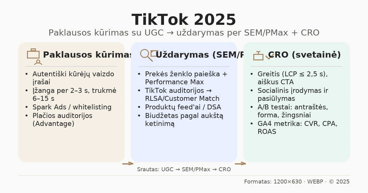 TikTok 2025: UGC → SEM/PMax → CRO srauto schema