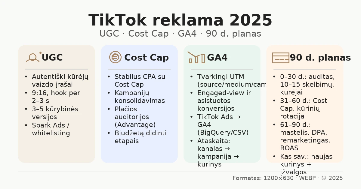 Infografikas ‘TikTok reklama 2025’: UGC, Cost Cap, GA4 ir 90 dienų planas – 4 kortelės su punktų sąrašais.
