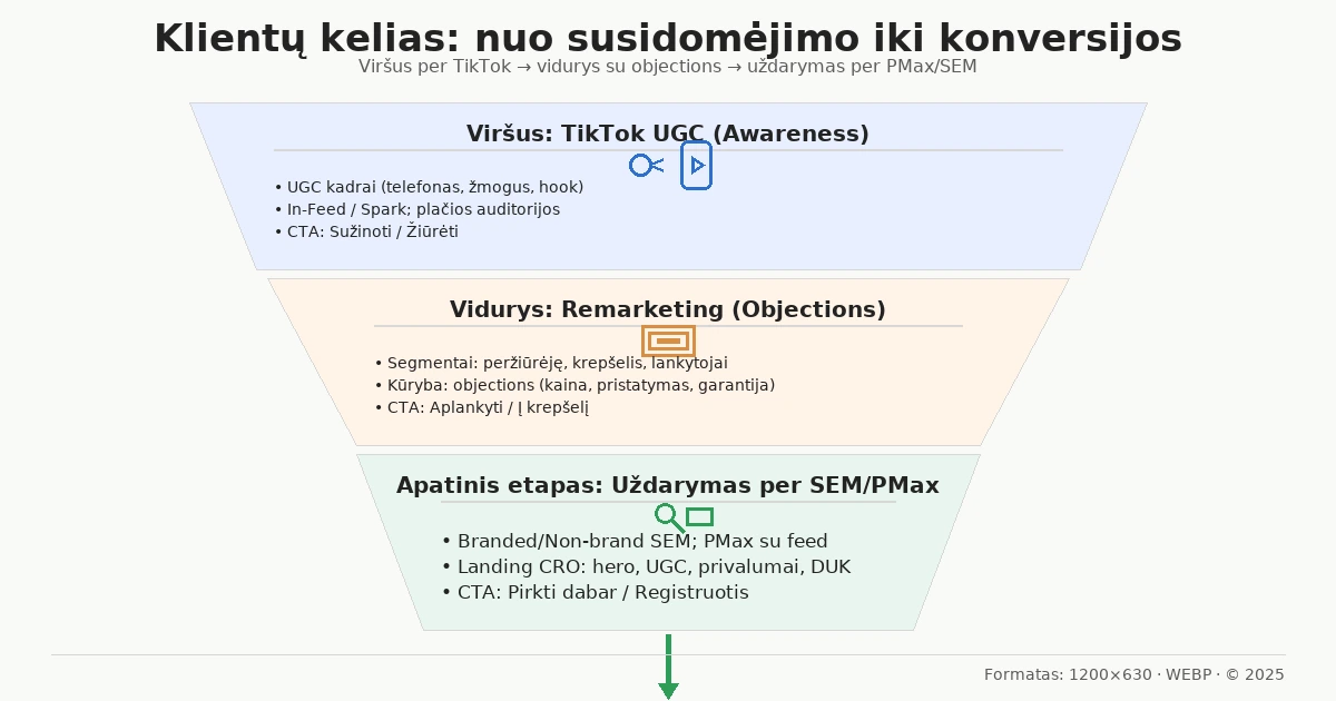 Viršus per TikTok, vidurys su objections, uždarymas per PMax/SEM