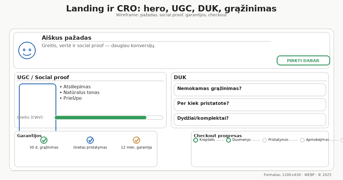 Landing karkasas: hero → UGC → DUK → CTA; greitis ir checkout