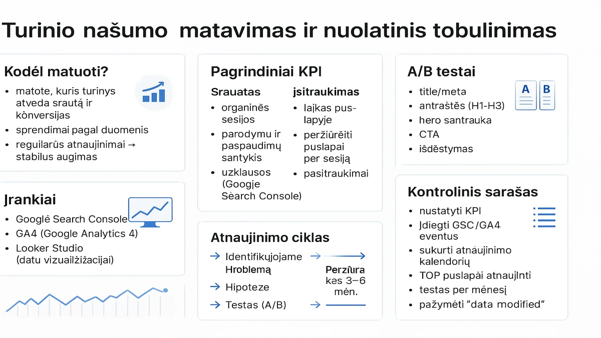 Turinio našumo matavimas ir nuolatinis tobulinimas: pagrindiniai KPI (srautas, įsitraukimas, rezultatas), A/B testai, atnaujinimo ciklas, GSC (Google Search Console) ir GA4 (Google Analytics 4).