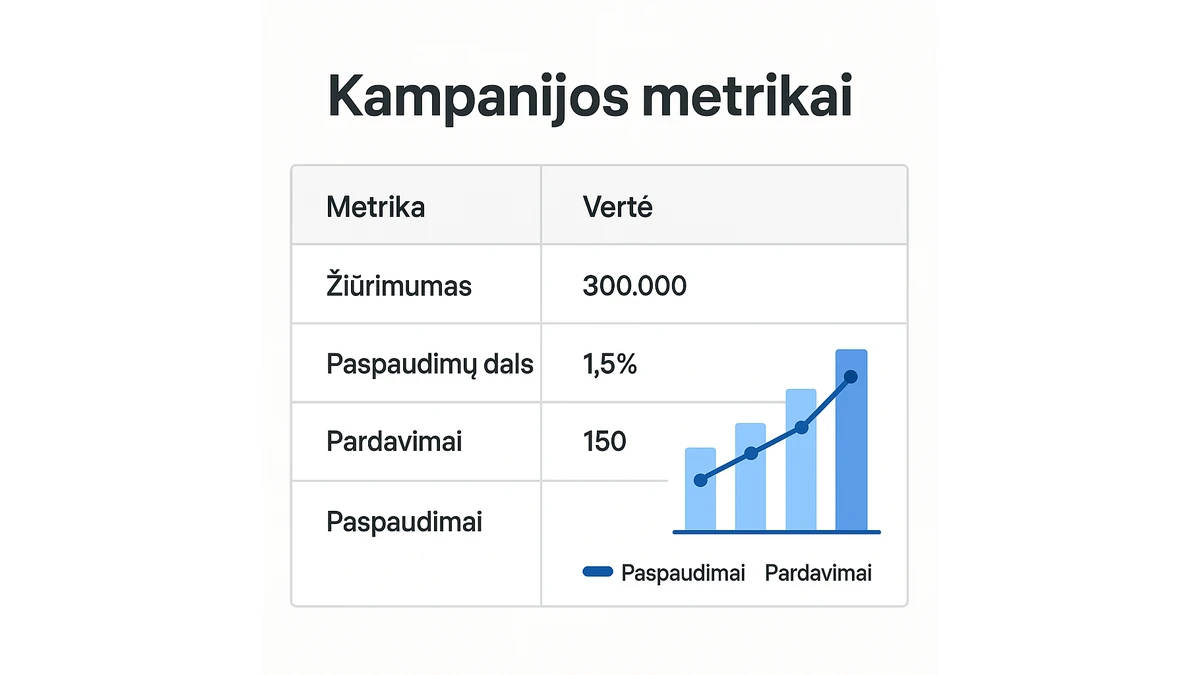 Kampanijos metrikų pavyzdžiai: žiūrimumas, paspaudimų dalis, pardavimai.