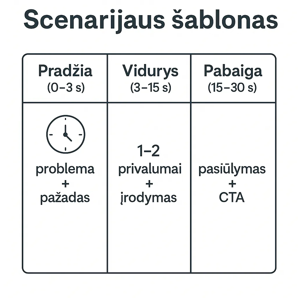 30 sekundžių vaizdo įrašo scenarijaus šablonas: pradžia, vidurys, pabaiga